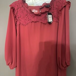 City Chic Lace Detail Blouse - Deep pinkish Red